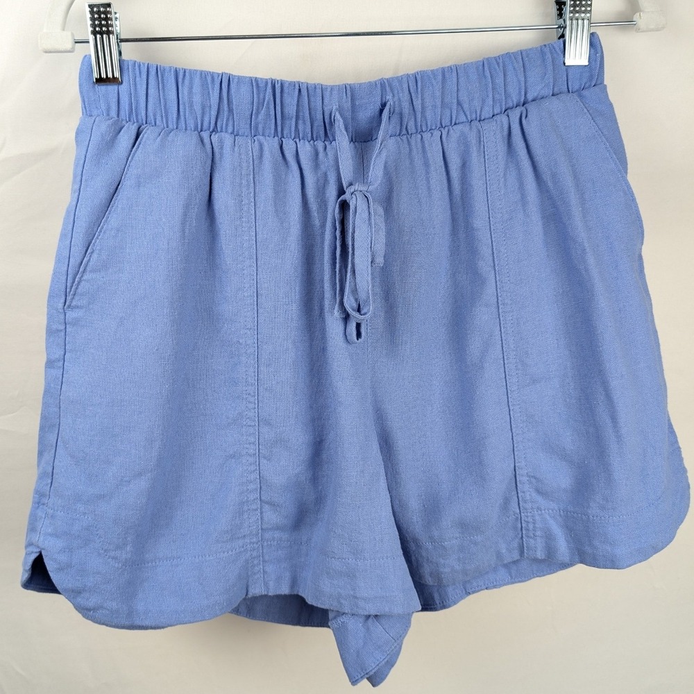 Womens Linen Drawstring Pull On Pocket Shorts Size Small Blue Coastal Beach Boho